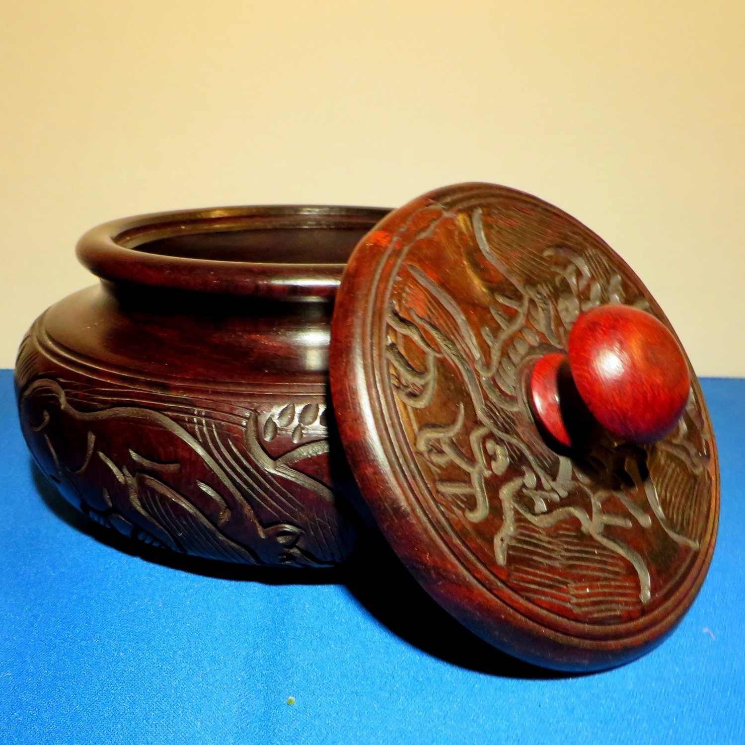Large Hand Carved Wood Bowl with Lid